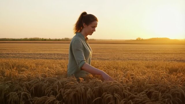Woman walks through a golden wheat field at sunset, gently touching ripening ears, soaking in warm lightpeaceful rural scene symbolizing growth, care, and connection to nature