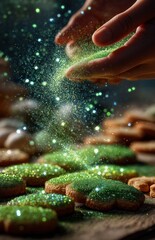 Fototapeta premium Hands sprinkling green sugar over frosted cookies