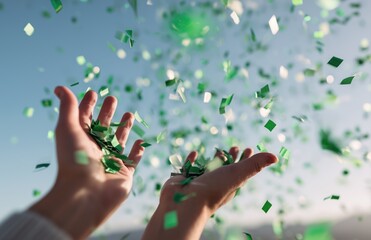Hands tossing green confetti in the air outdoor