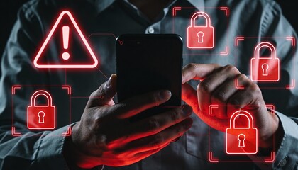 Hands Holding Smartphone with Glowing Red Warning Triangles and Padlock. Cyber Security Alert, Phishing Attack and Malware Virus Concept. Mobile Data Breach and Hacking Risk Background.
