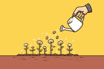 Illustration of watering can nurturing small plants in soil.