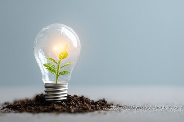 Young plant growing inside a transparent light bulb on soil.
