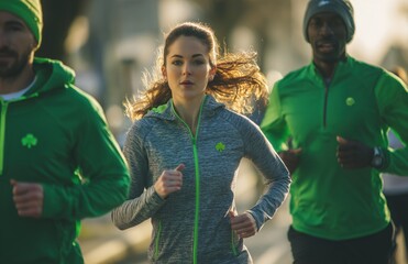Group Of Runners Jogging Outdoors In Green Sportswear
