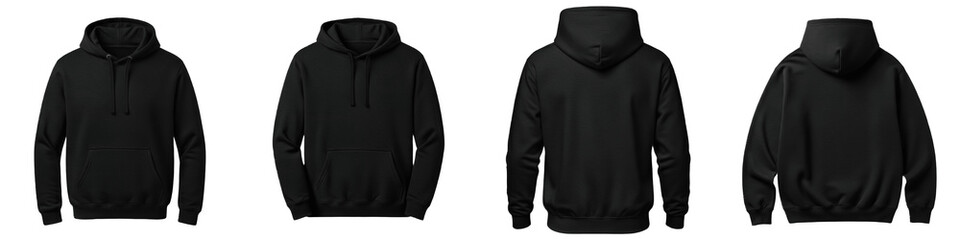 black hoodie mockup, front back view, blank sweatshirt template, hooded pullover set, fleece apparel, isolated white background, clothing design, png pack © Dubbb
