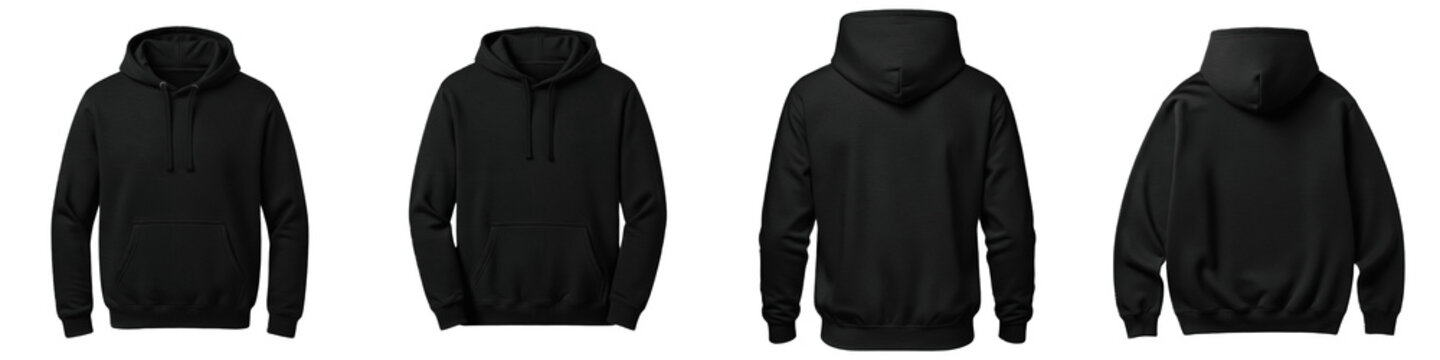 black hoodie mockup, front back view, blank sweatshirt template, hooded pullover set, fleece apparel, isolated white background, clothing design, png pack