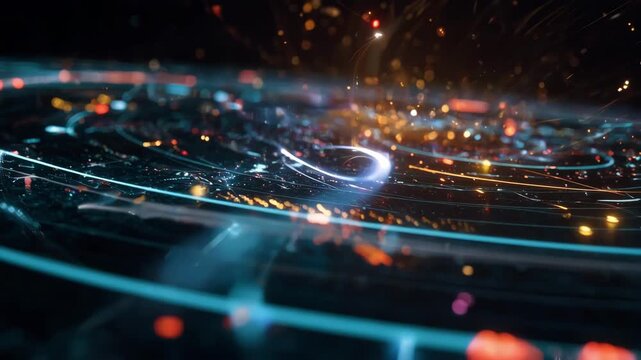 Medium shot of advanced AI systems calculating automated travel routes displayed on holographic interfaces within a spacecraft navigating complex celestial paths.