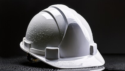 white construction safety helmet with water droplets on a reflective black surface against dark background symbolizing protection and readiness