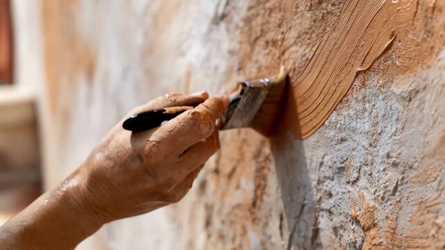 Closeup on a hand applying selfcleaning biodynamic paint coating on a wall showcasing its ability to break down pollutants and maintain a spotless surface