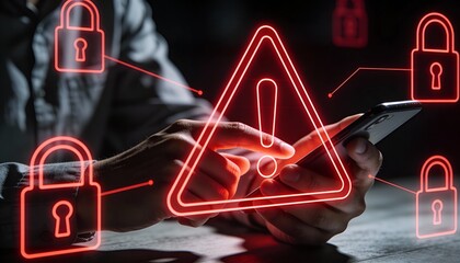 Hands Holding Smartphone with Glowing Red Warning Triangle and Security Alert Popups. Mobile Cyber Attack, Malware Virus Infection and Hacking Concept. Digital Data Breach Danger Illustration.