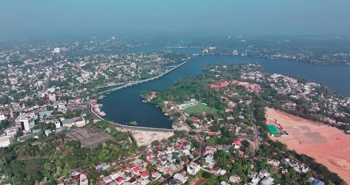 Aerial view of Kollam city in the state of Kerala, on India's Malabar Coast. It&rsquo;s known as a trade hub and for its beaches, like lively Kollam and secluded Thirumullavaram. Bridge to nowhere, Kollam.