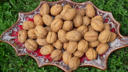 Walnuts in a bowl, top view
