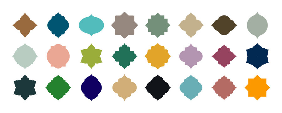 Collection of Old Mosque window shapes vector. Simple flat Arabic arch frames and borders, traditional Islamic architecture geometric design elements. Vector illustration.
