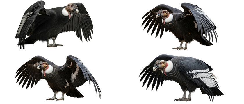 Collection of four Andean condors Vultur gryphus isolated on a white background.