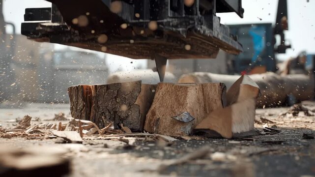 Heavy hydraulic log splitter cracking thick wood log with flying wood chips and bark debris in outdoor industrial machinery setting