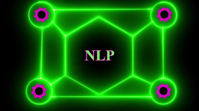 Digital infographic diagram with NLP text and technology icons on dark background natural language processing