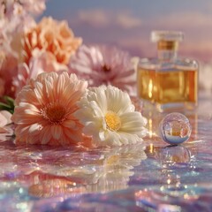 Pastel Floral Abstraction with Floating Transparent Shapes