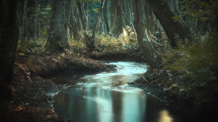Peaceful stream flowing through sunlit forest