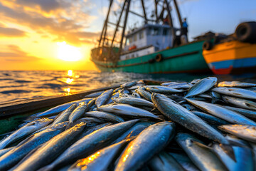 Freshly caught fish on fishing boat at sunset - maritime harvest and oceanic journey