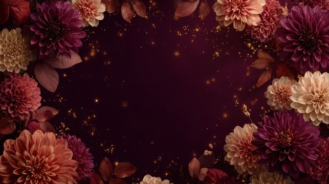 Autumn inspired floral border of burgundy, blush, and beige dahlias and dry leaves surrounding a dark purple background with golden glowing particles.