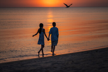 Siblings play around the beach enjoying waves and sun. Children walk along the beach at sunset holding hands. High quality photo