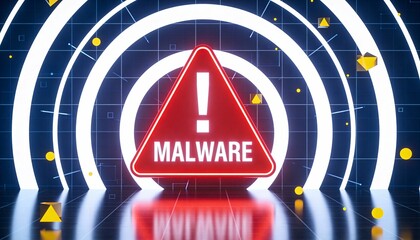 Red Malware Warning Sign with Exclamation Mark. Glowing White Neon Tunnel Background with Yellow Shapes. Cyber Security Alert, Virus Attack and Digital Hacker Threat Concept 3D Illustration.