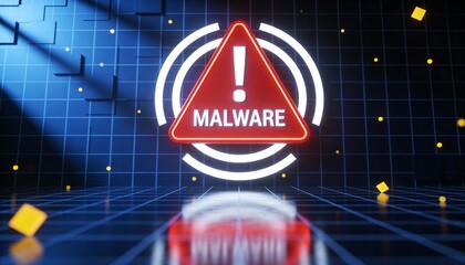 Red Malware Warning Sign with Exclamation Mark. Glowing White Neon Tunnel Background with Yellow Shapes. Cyber Security Alert, Virus Attack and Digital Hacker Threat Concept 3D Illustration.