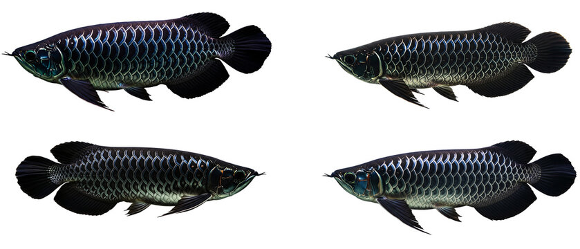 Collection of four black arowana Scleropages formosus fish isolated on a white background.