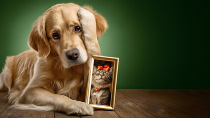 An adorable dog is saddened to see the picture of the house cat on his owners' favorite frame. The dog puts its paw on its head to show its distress.