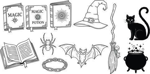 Witchcraft and magic illustration set with spell books, potion cauldron, witch hat, broom, black cat and mystical creatures, hand drawn fantasy line art isolated on white background © Babulur 