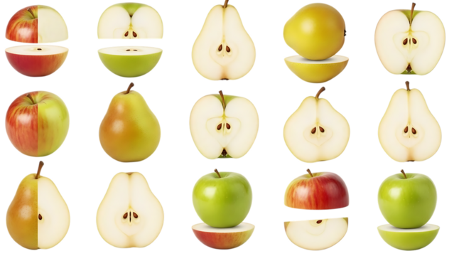 Assorted apples and pears cut in half and whole on transparent background isolated on a transparent background 1 - Powered by Adobe