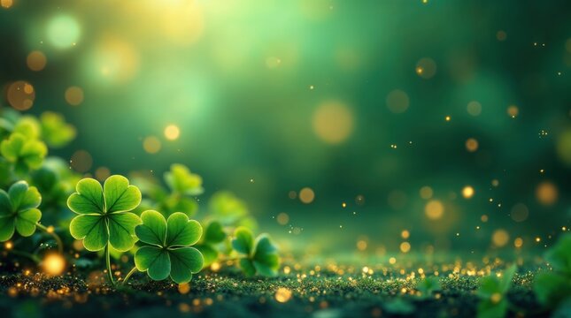 A lucky four-leaf clover on a magical green background. St. Patrick's Day concept with golden sparkles and bokeh lights. Holiday celebration banner with copy space