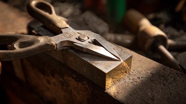 Medium shot of anvil garden shears being honed on a sharpening stone emphasizing blade alignment and tool durability.