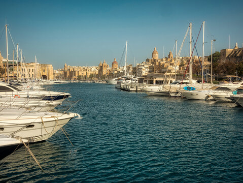 Wide Panorama of Historic Maltese Harbor and Fortifications. Bormla, Valletta, Malta