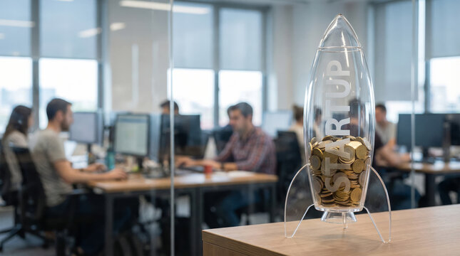 A rocket model filled with coins stands in an office where team members work on computers. This composition symbolizes the start of new business ventures and financial growth