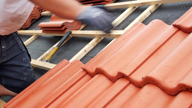 professional roofer fitting red concrete roof tiles on residential house.