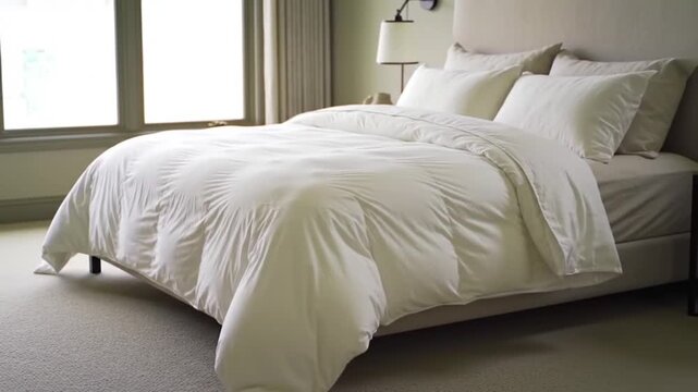 A neatly made bed with white comforter and pillows in a modern bedroom.