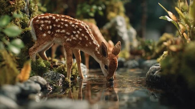Young deer drinking water from a serene forest stream surrounded by lush greenery