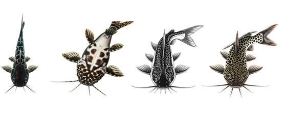 Fototapeta premium Collection of four different catfish species viewed from above isolated on a white background.