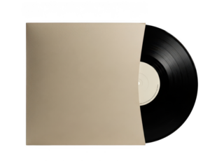 Vinyl record with sleeve, black disc, beige cover, retro music format, isolated on transparent background
