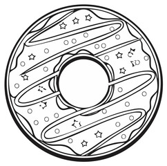Obraz premium Black and white illustration of a frosted donut with sprinkles and star shapes