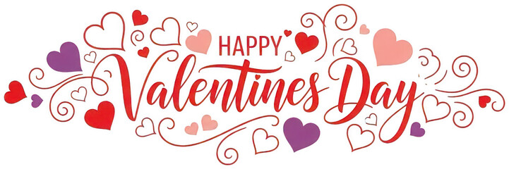 Valentine Panoramic happy valentines day banner with cursive calligraphy and outlined heart icons