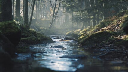 Forest stream on a misty morning