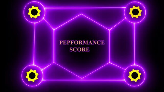 Neon blue line graph illustrating a drop in performance score with percentage and dollar symbols and downward arrow on a dark grid background Keywords: graph, chart, business, performance, score