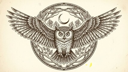 Fototapeta premium Intricate owl illustration with extended wings and moon crest element