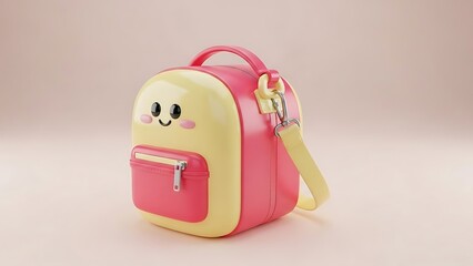 Cute cartoon backpack with a smiling face, pink and yellow colors, 3D render