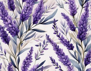 a seamless watercolor pattern featuring elegant purple lavender branches with soft leaves creating a delicate and calming floral design
