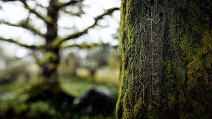 Obraz premium Mystic Runes Carved into a Mossy Tree