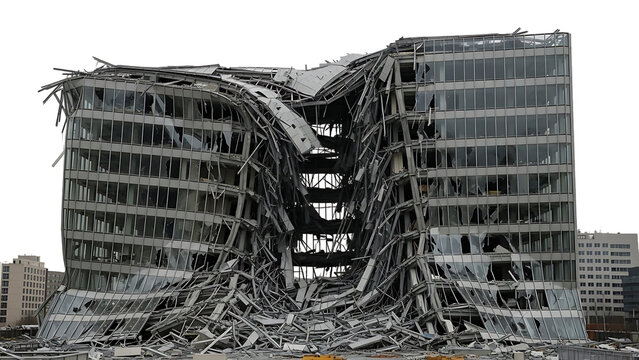 Damaged office building with destroyed exterior and debris isolated on a transparent background destruction
