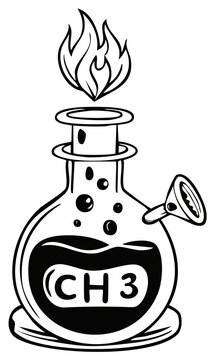 Laboratory flask with chemical formula CH3 burning flame science experiment