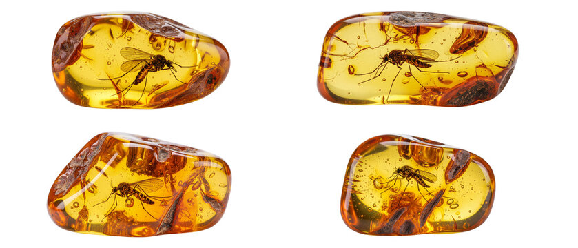Collection of four natural amber stones with ancient insect inclusions isolated on a white background.